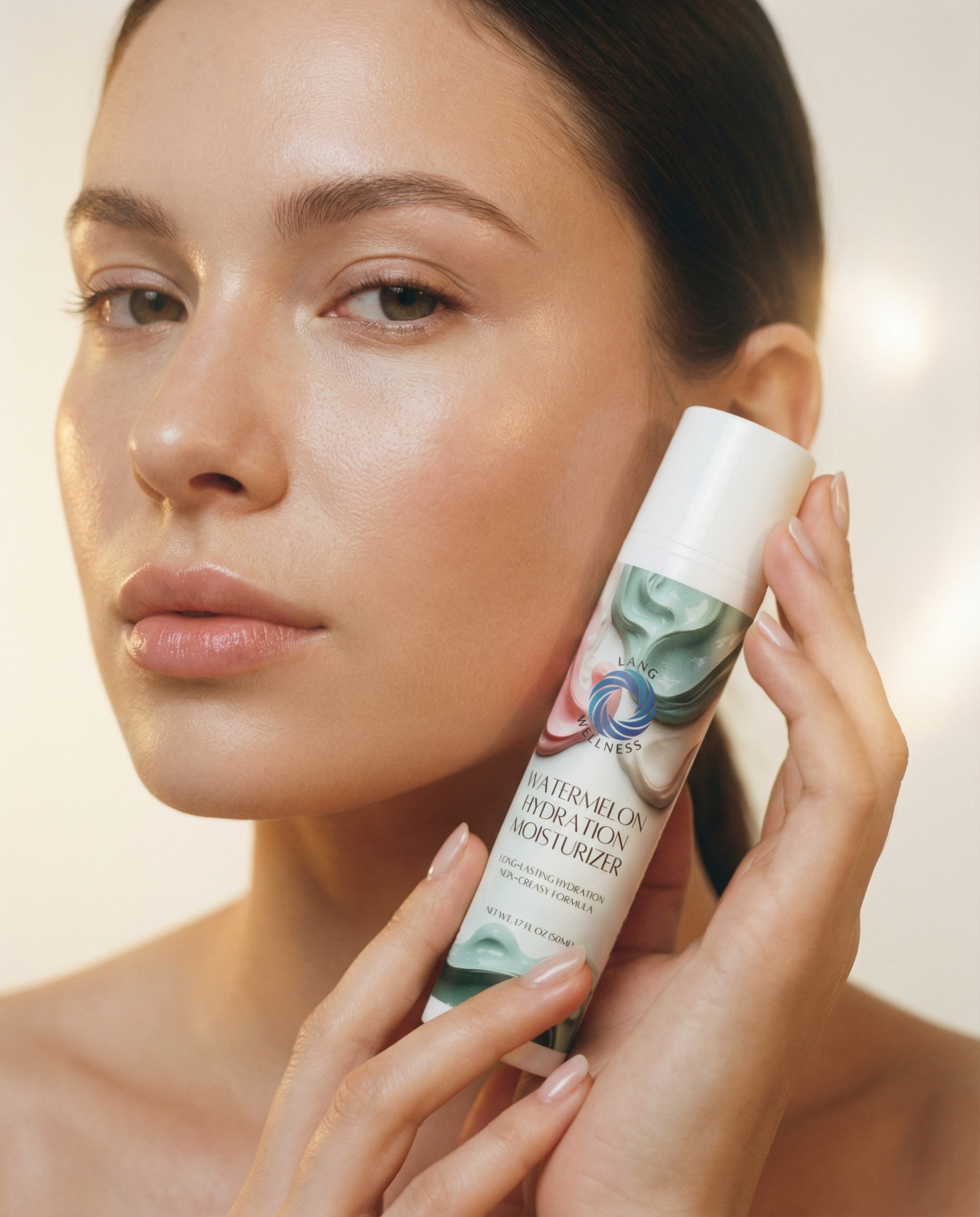 Watermelon hydration moisturizer bottle held near face with white cap visible