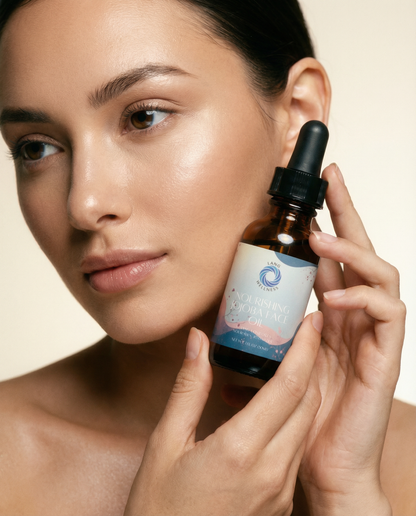 Woman applying jojoba face oil from dropper beside her cheek