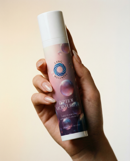 Moisturizer bottle with white cap and purple label held upright by hands