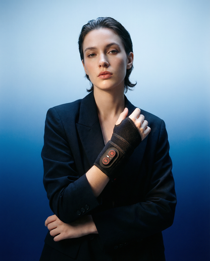 Wrist recovery brace in dark color with control module and red accent
