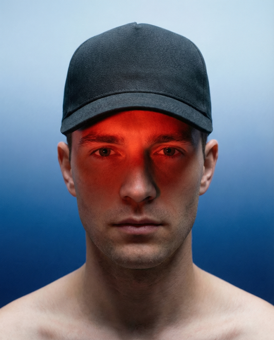Black baseball cap hair growth device, worn by model