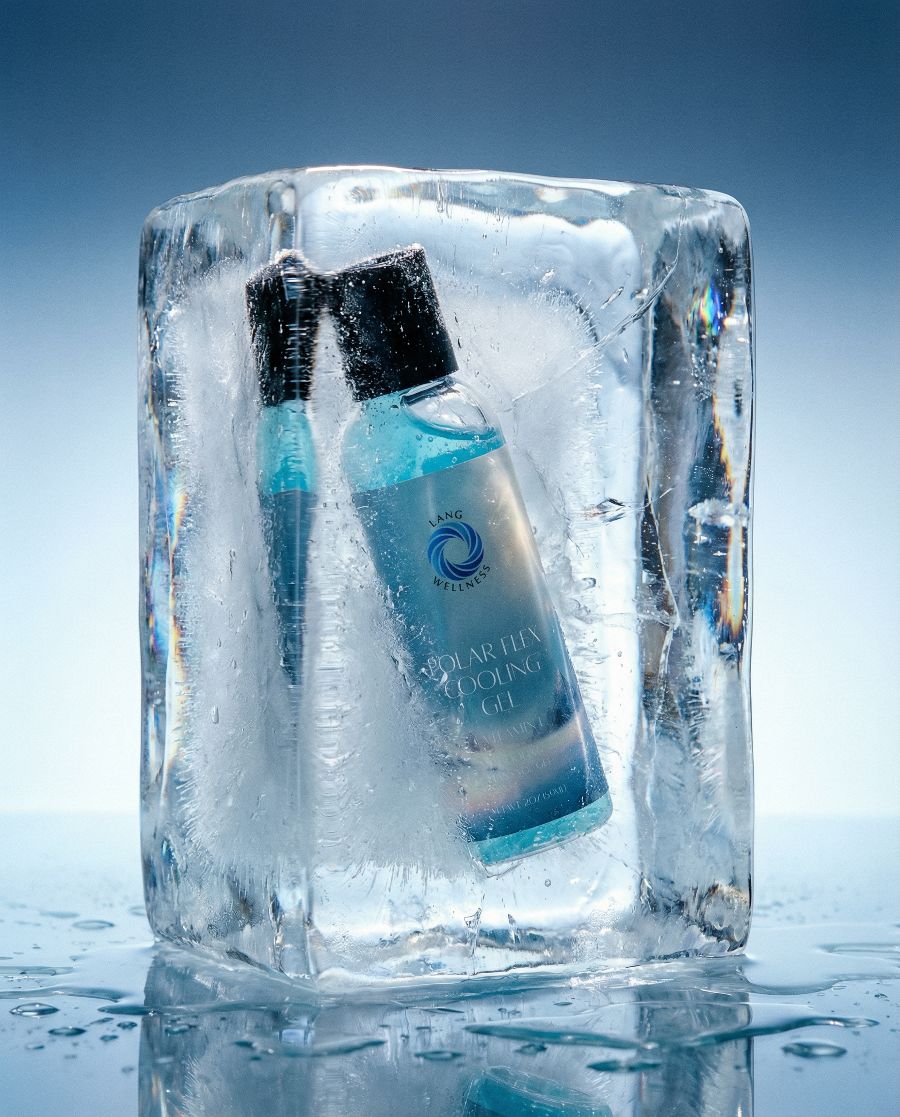 Polar cooling gel bottle inside a large block of ice, blue label and cap