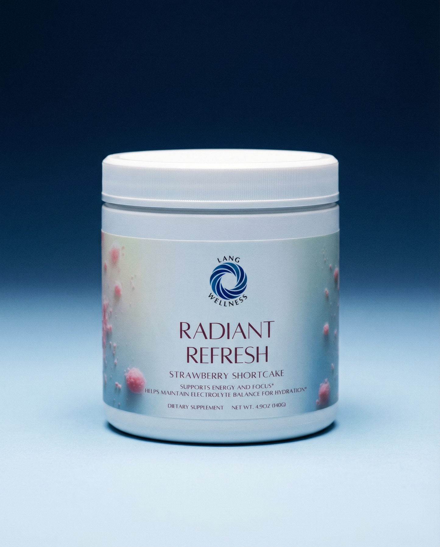 Skin care supplement tub with white lid and blue strawberry label, front view