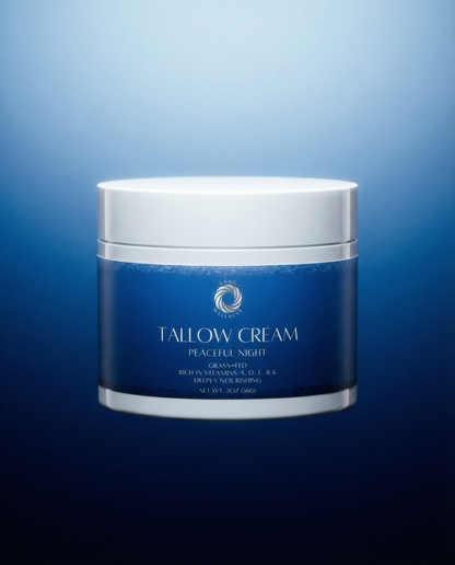 Tallow cream jar with white lid and blue label, Peaceful Night branding