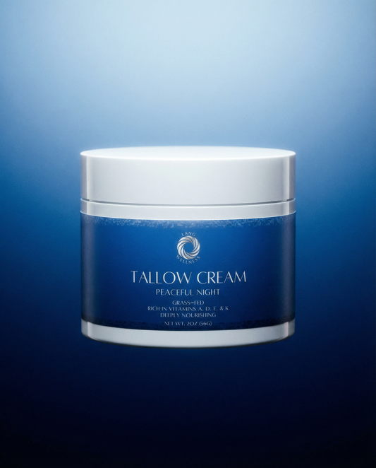 Tallow cream jar with white lid and blue label, Peaceful Night branding