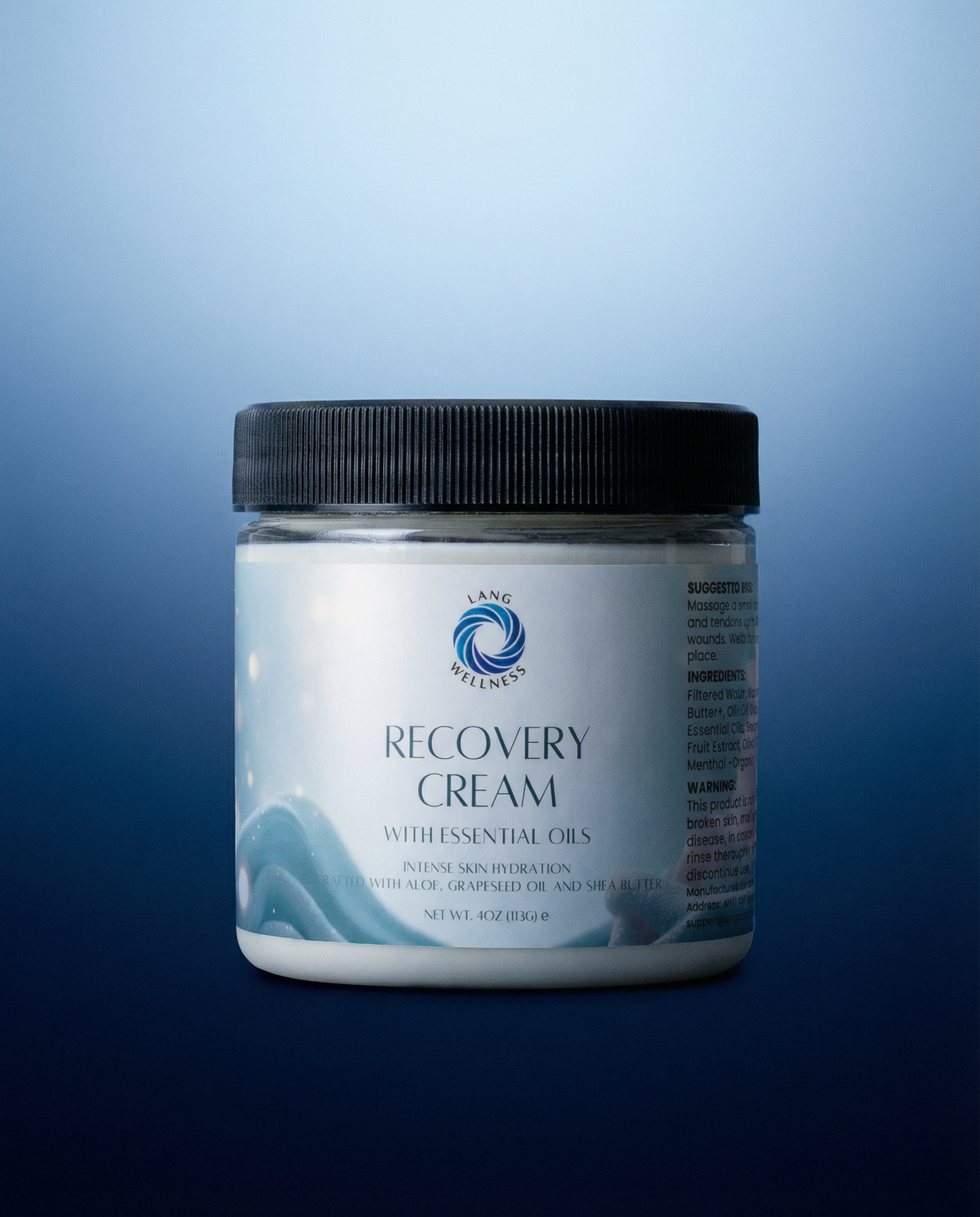 Recovery cream jar with black ribbed lid; white cream visible through label window