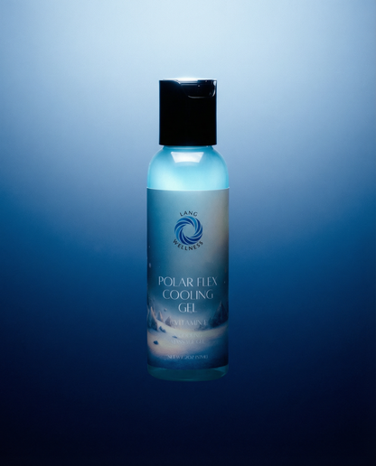 Cooling gel bottle with black pump top and blue light-colored liquid