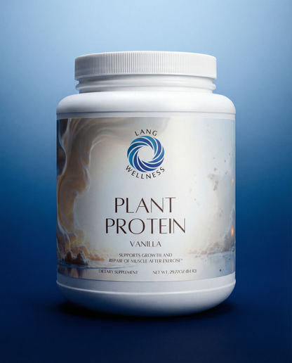 Vanilla protein powder tub, white bottle with ribbed cap and printed label