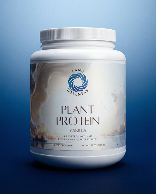 Vanilla protein powder tub, white bottle with ribbed cap and printed label