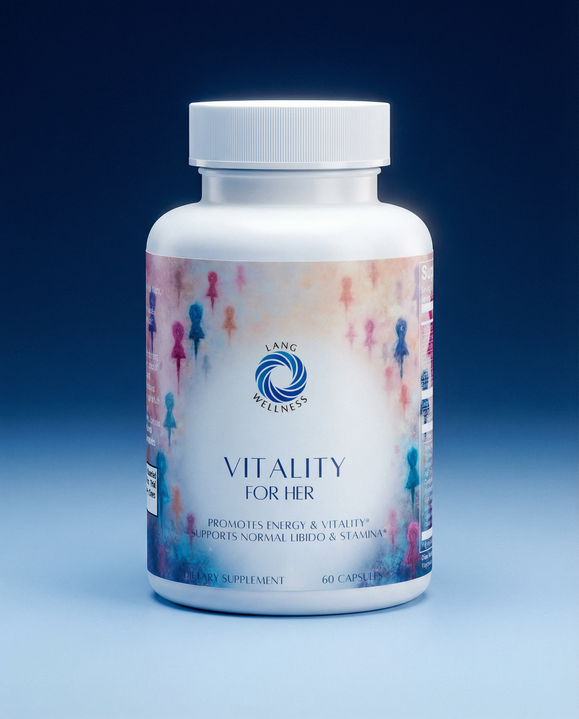 Supplement bottle with white cap; colorful label, "Vitality for her", 60 capsules