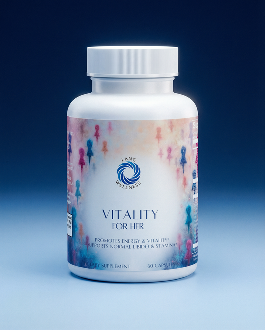 Supplement bottle with white cap; colorful label, "Vitality for her", 60 capsules