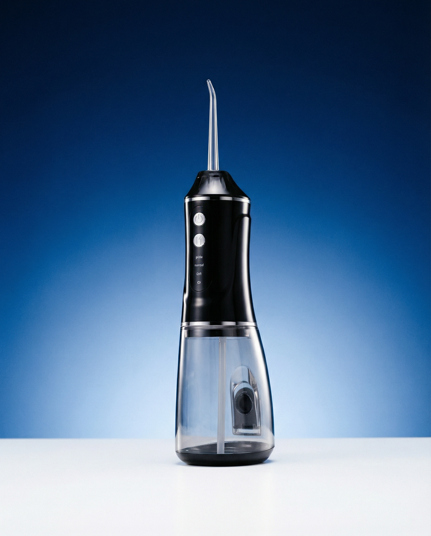 Portable electric dental flosser in black with clear water reservoir and angled jet tip