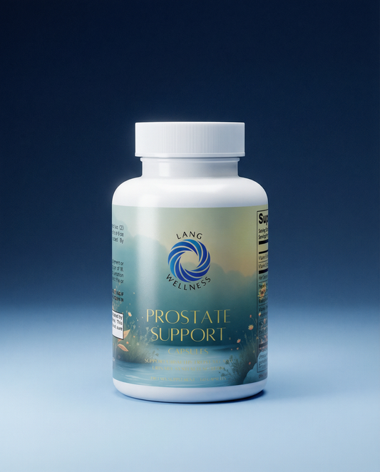 Prostate support supplement bottle with white cap and teal label with logo