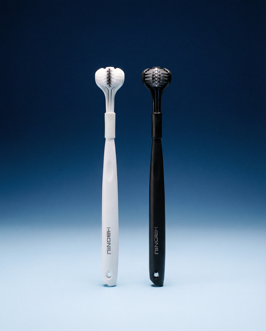 Triple-sided soft bristle toothbrush, white handle with compact bristle head