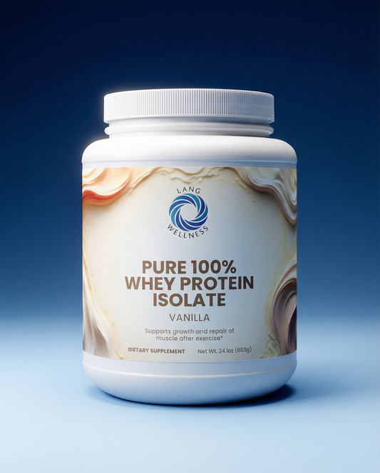 Vanilla whey protein isolate tub with white ribbed lid and cream label