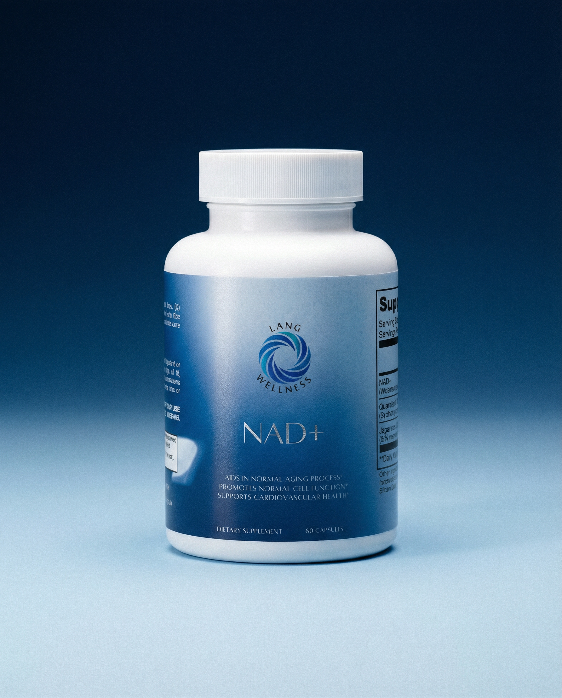 NAD+ supplement bottle with white cap, blue label