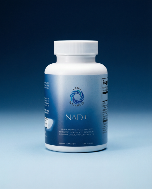 NAD+ supplement bottle with white cap, blue label