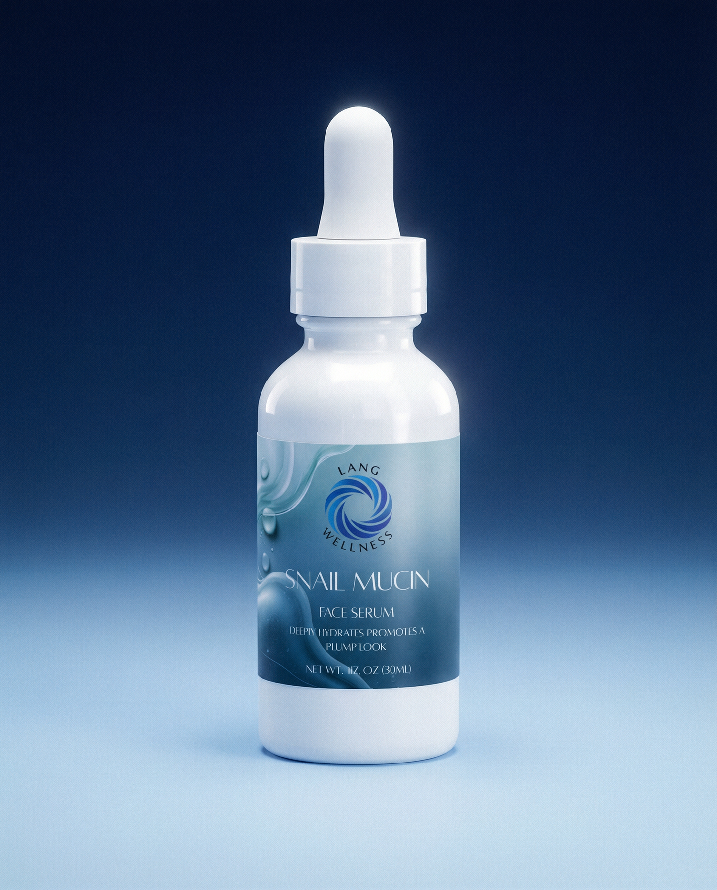 Snail mucin face serum bottle with white dropper, teal label