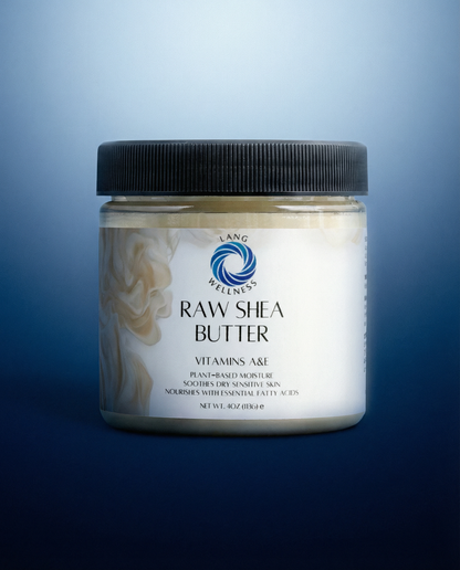 Shea butter jar with black ridged lid, centered product view and creamy contents
