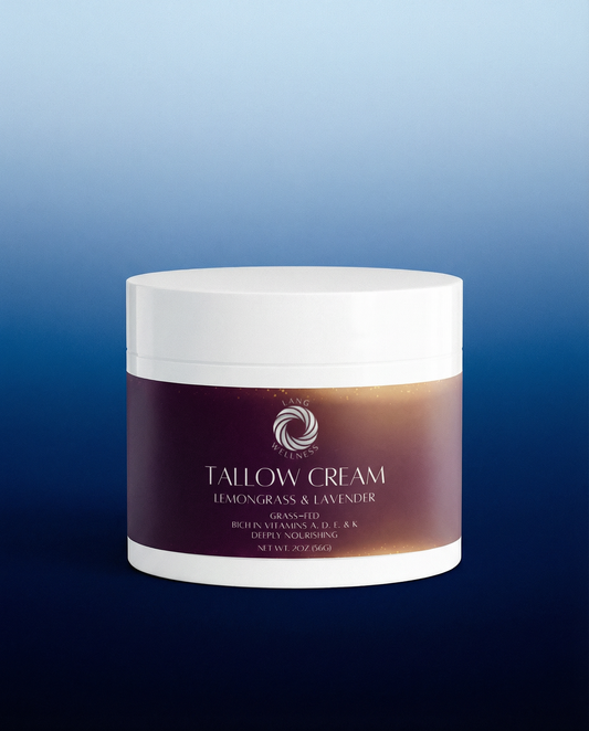 Tallow cream jar with white lid and dark label for lemongrass & lavender