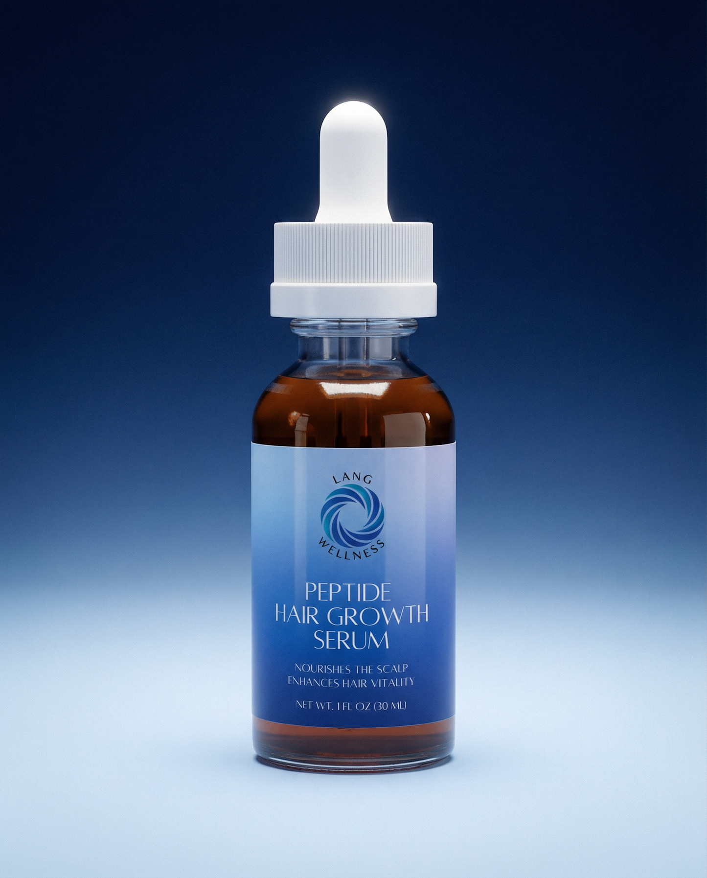 Hair growth serum bottle with white dropper cap, amber liquid and blue label