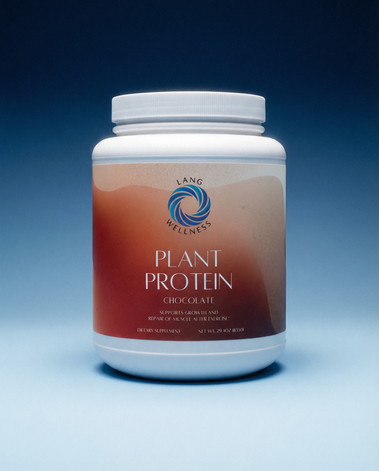 Plant protein tub, white lid and orange-brown chocolate label