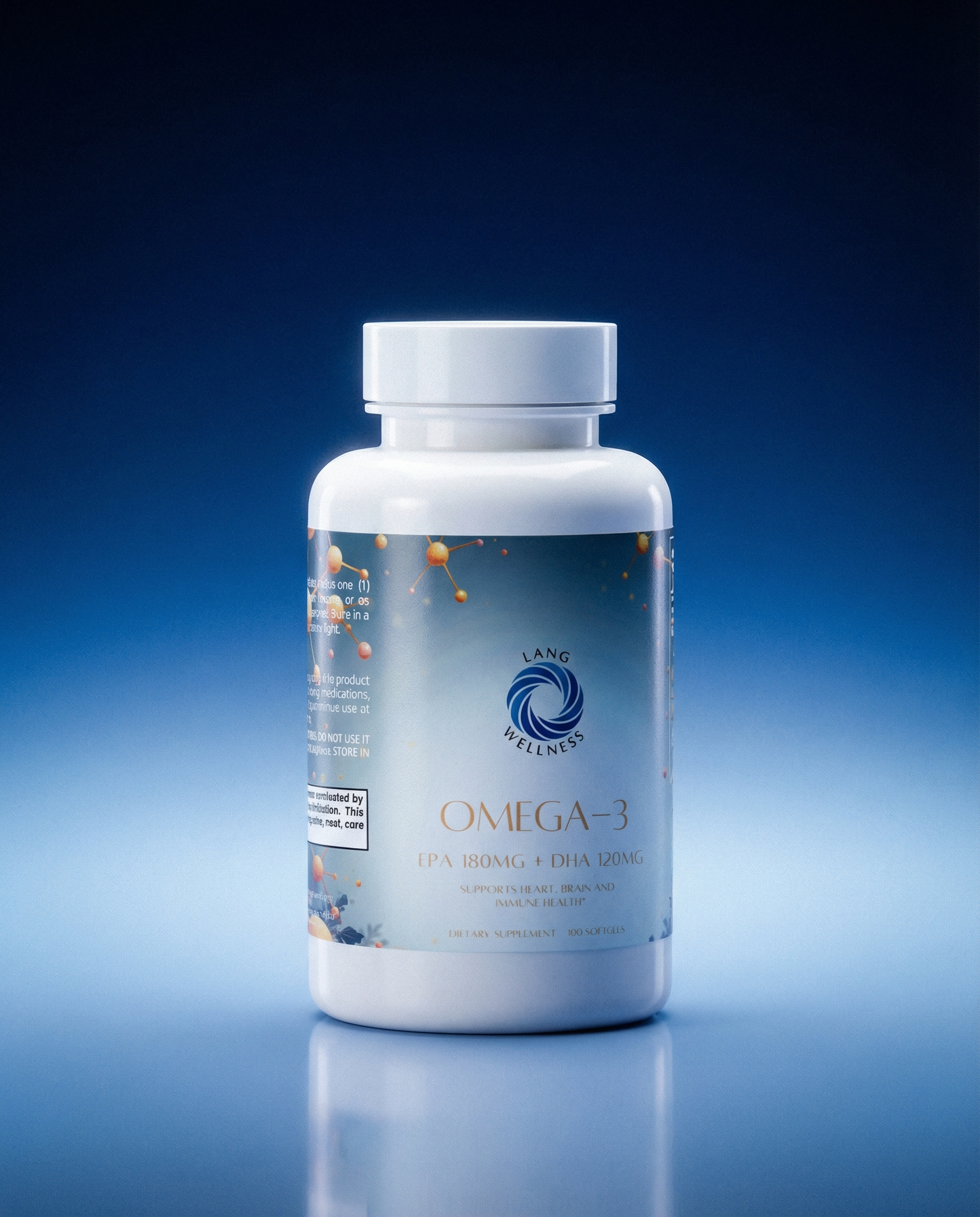 Omega-3 EPA + DHA supplement bottle with white cap, blue label