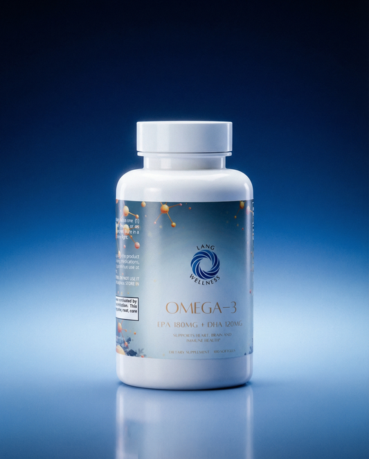 Omega-3 EPA + DHA supplement bottle with white cap, blue label