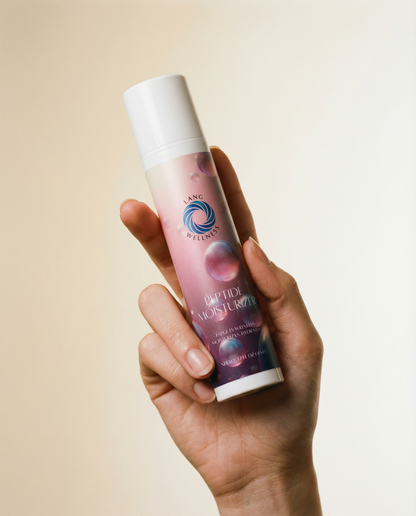 Moisturizer bottle with white cap held in one hand