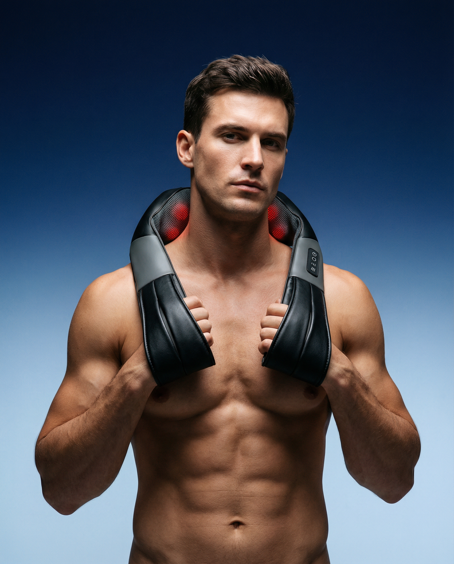 Neck massager wrap, black with gray side panels and red heat pads
