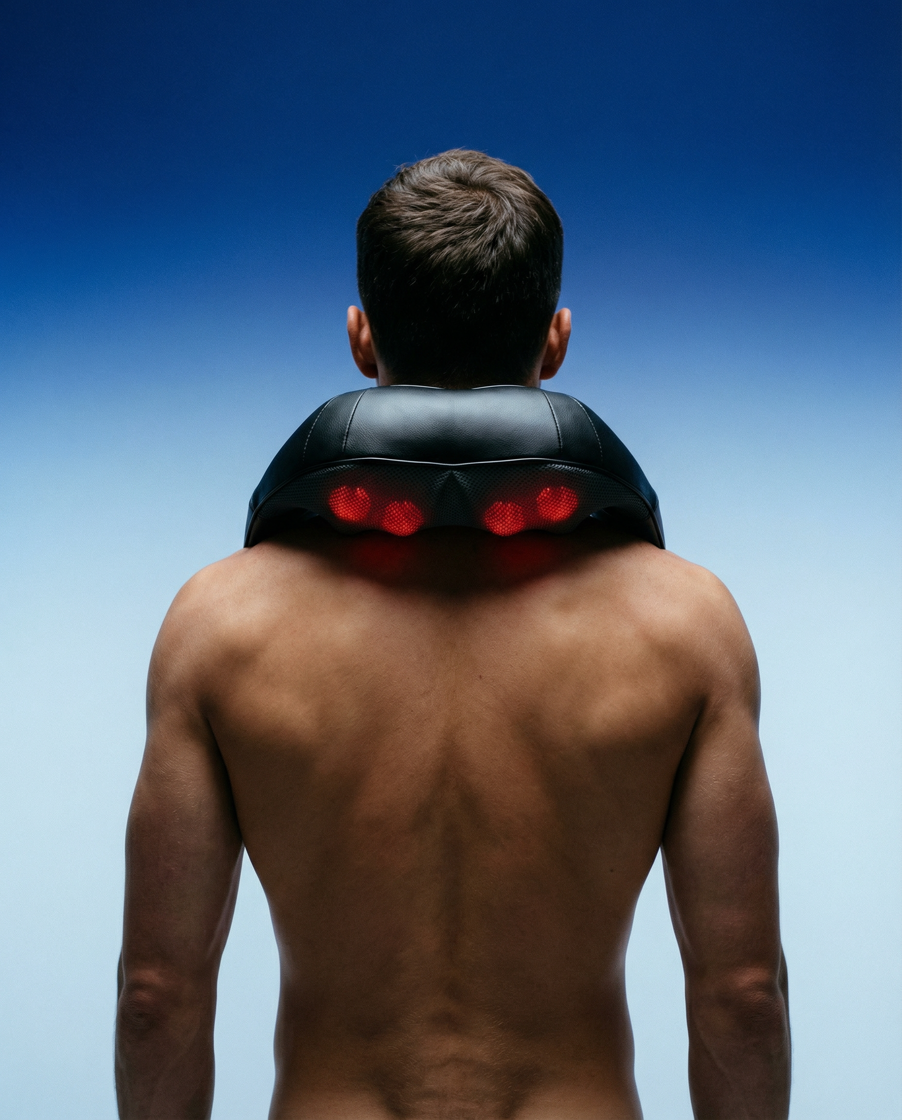 Neck massager wrap, black back view with red illuminated heat spots