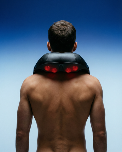 Neck massager wrap, black back view with red illuminated heat spots