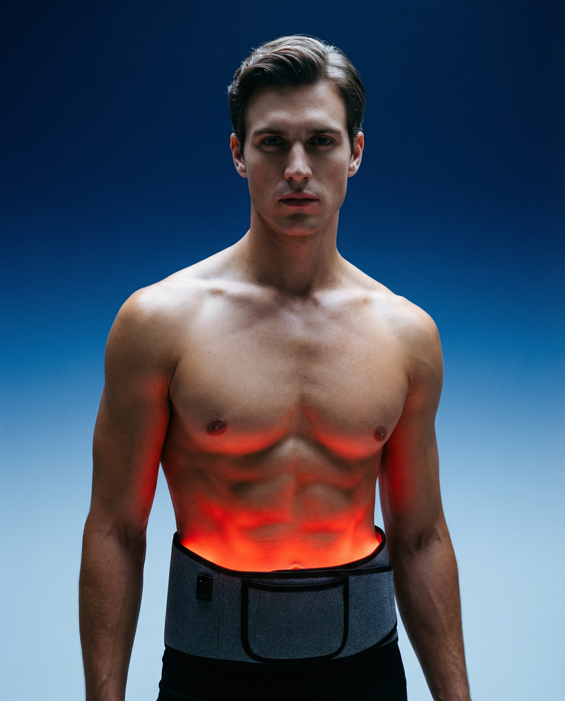 Light therapy belt with illuminated red LED strip on gray waist band