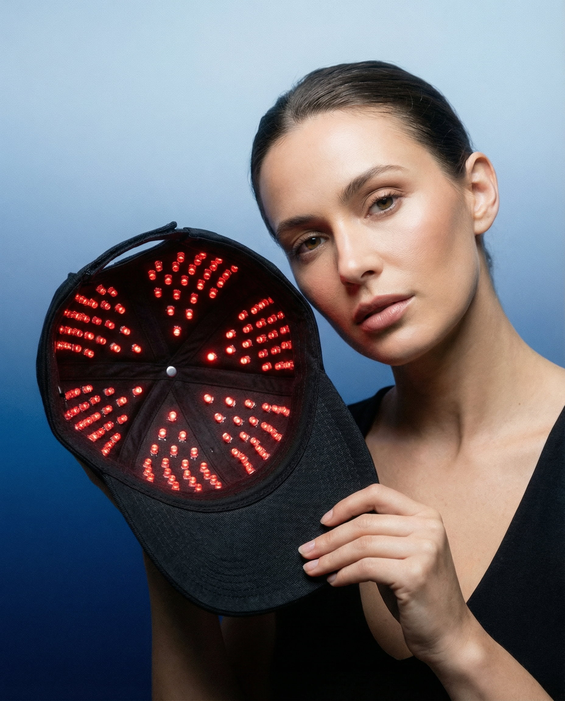 Hair growth cap with red dot-matrix LED panel, worn on model