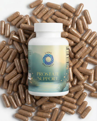Prostate support supplement bottle centered with many brown capsules surrounding it
