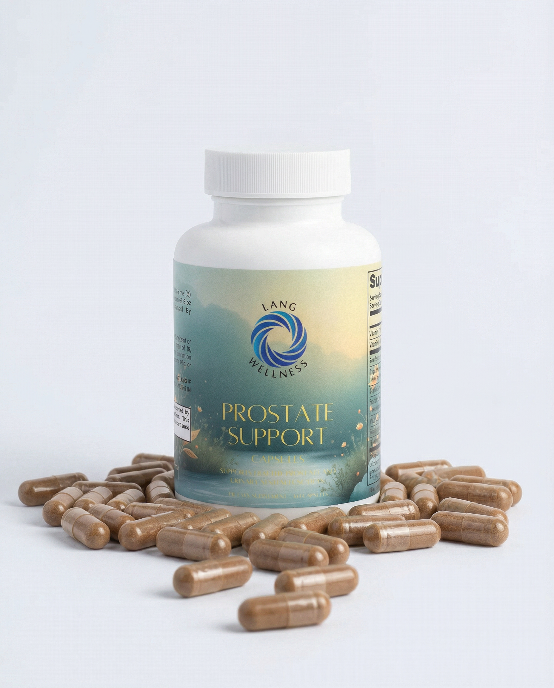 Prostate support supplement bottle with white cap and brown capsules on white background