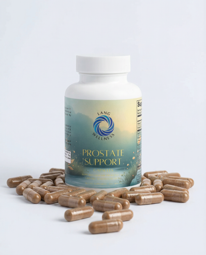 Prostate support supplement bottle with white cap and brown capsules on white background