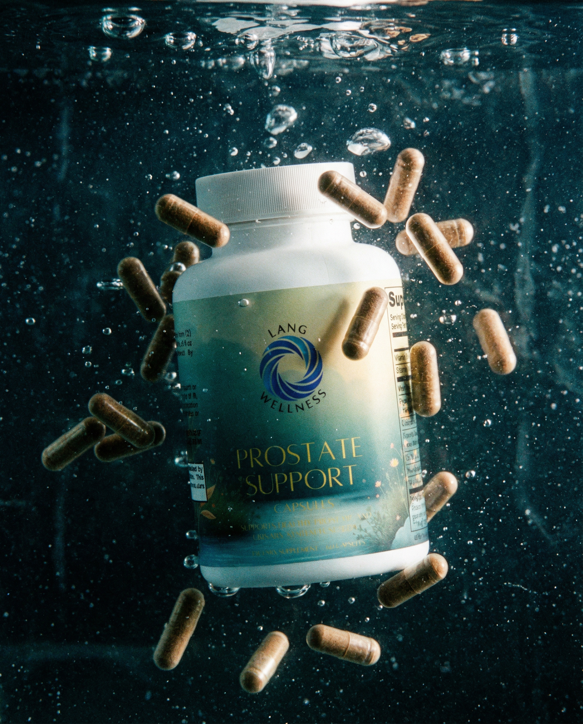Prostate support supplement bottle with white cap surrounded by floating brown capsules