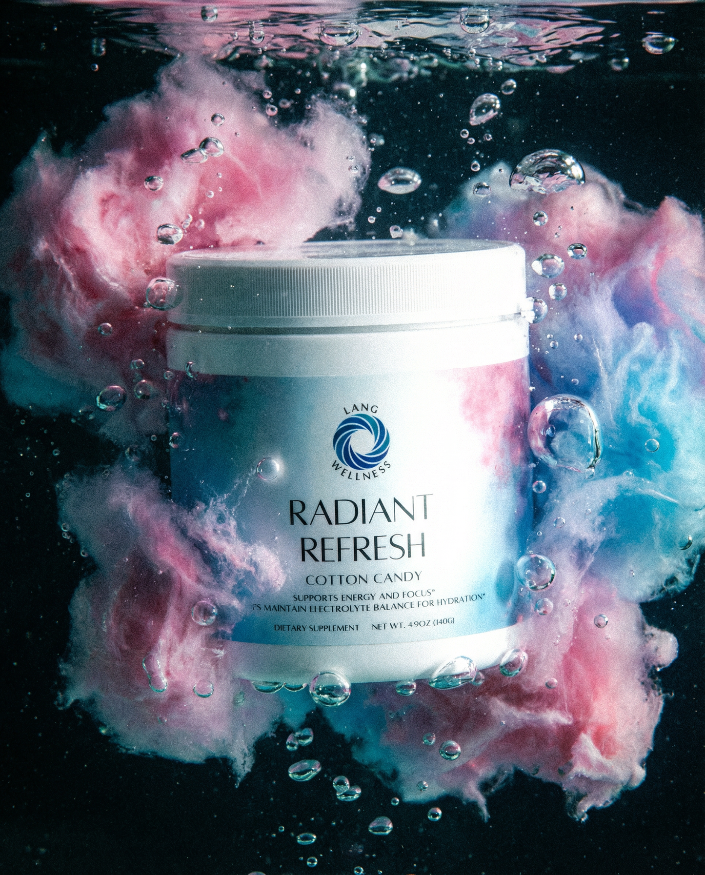 Cotton candy scented jar with white lid in swirling water with bubbles