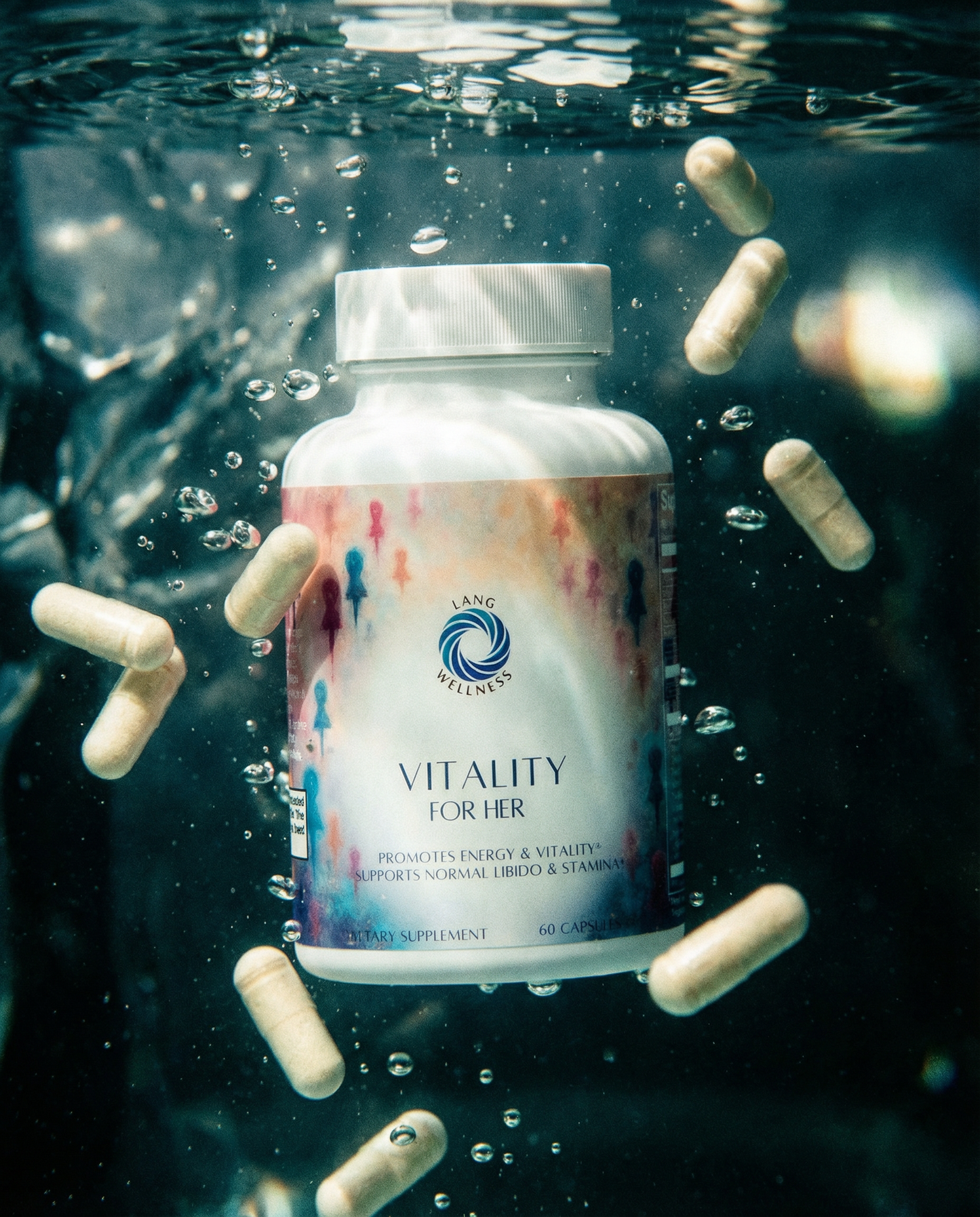 Supplement bottle floating underwater with white cap; "Vitality for her" label