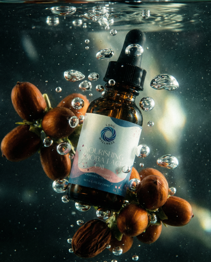 Jojoba face oil bottle with floating oil droplets and jojoba kernels
