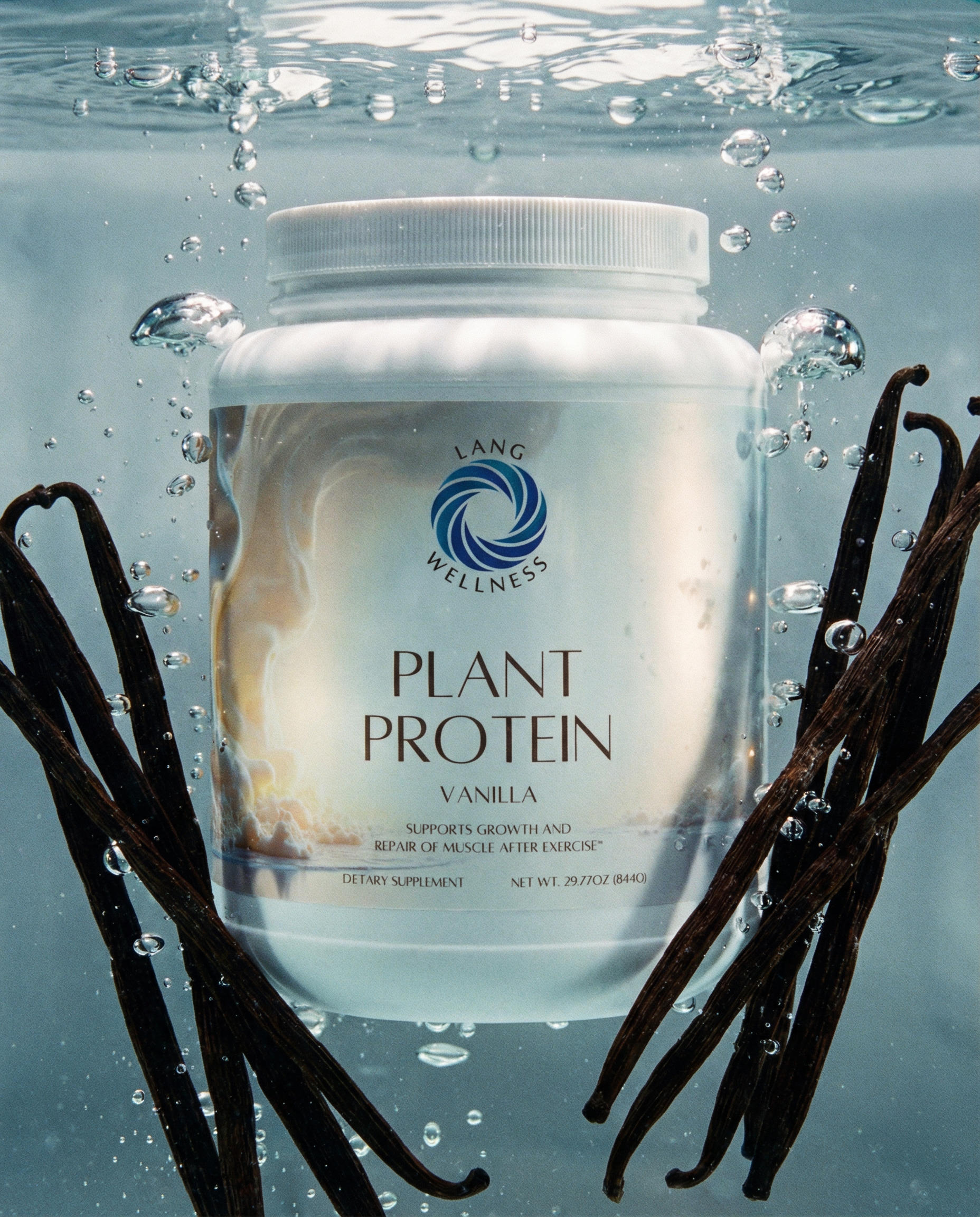 Vanilla protein powder tub in water, with vanilla bean pods around