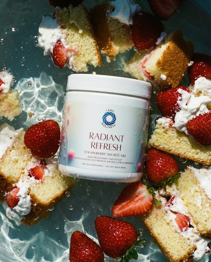 Skin care supplement tub with blue strawberry label, three-quarter view