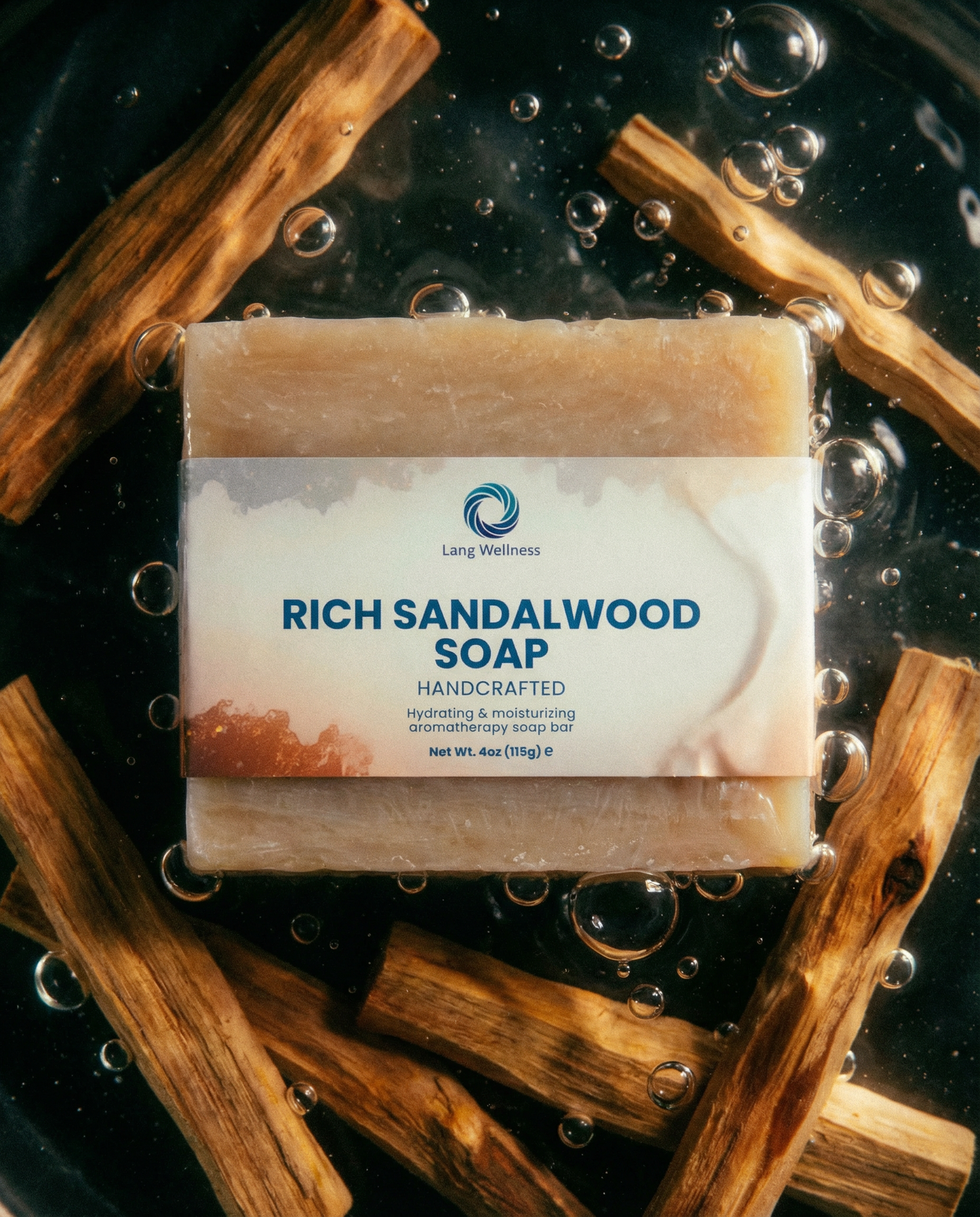 Rich sandalwood soap bar, beige with brand label on the face