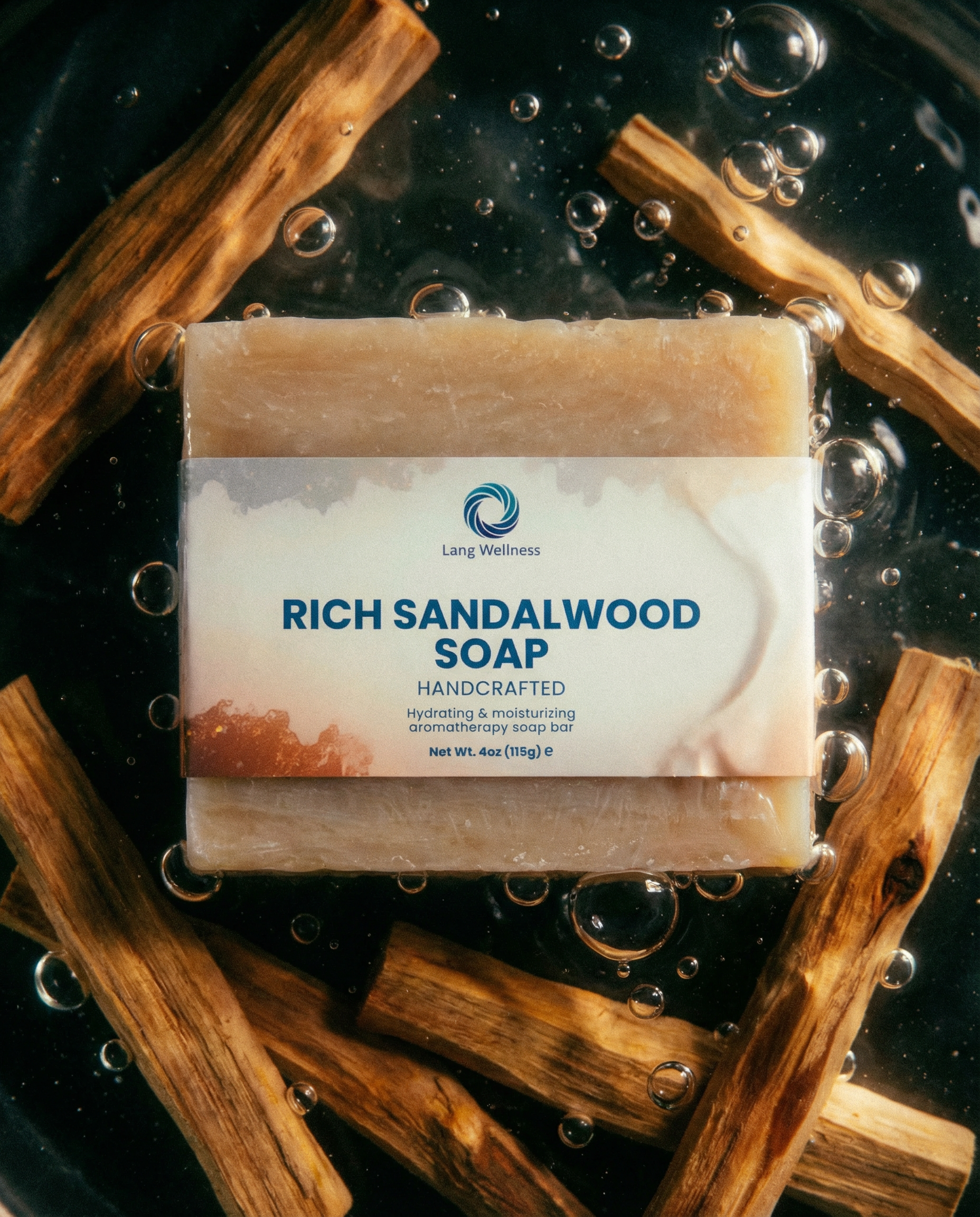 Rich sandalwood soap bar, beige with brand label on the face
