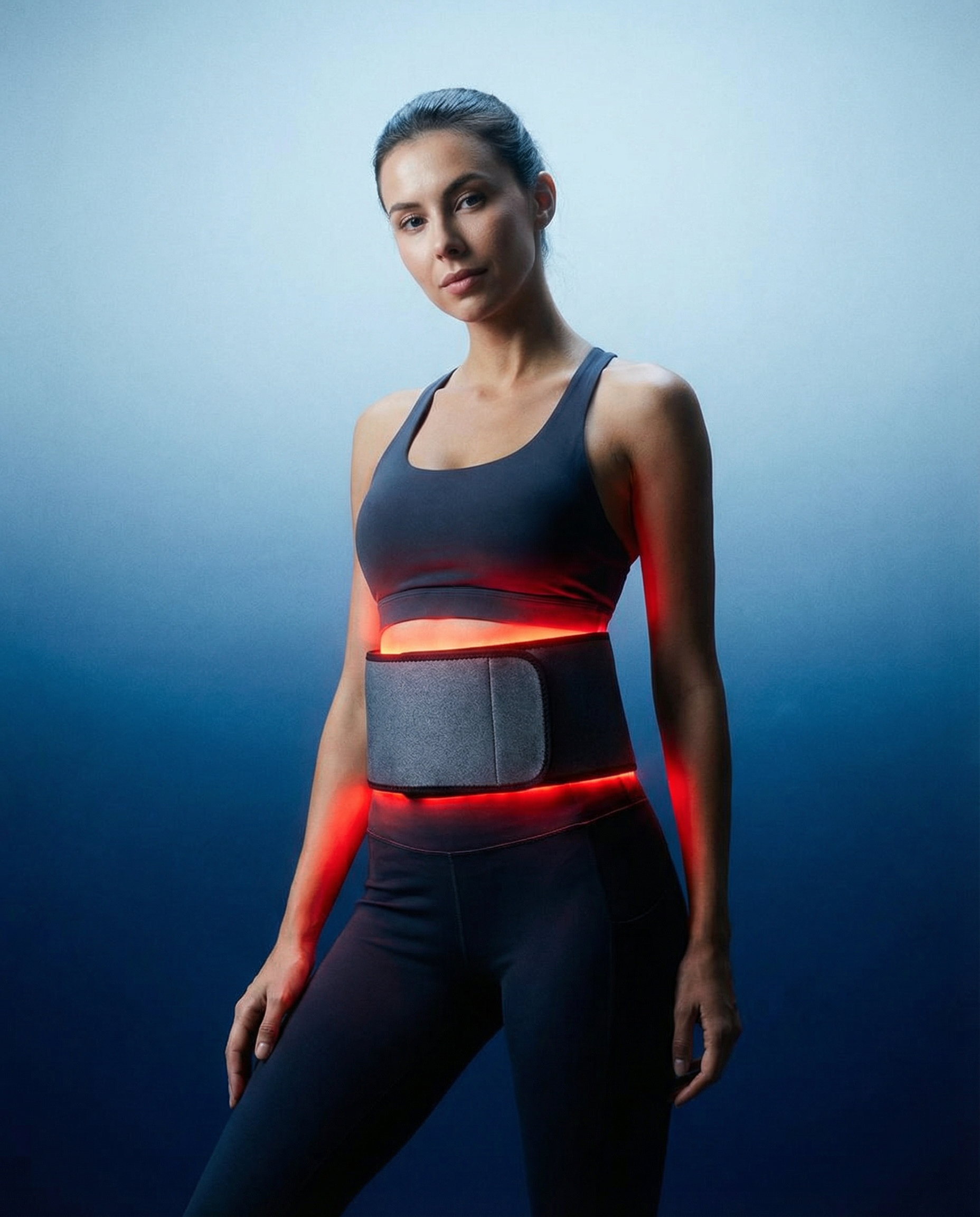 Light therapy belt with glowing red LED panel on a gray fabric strap