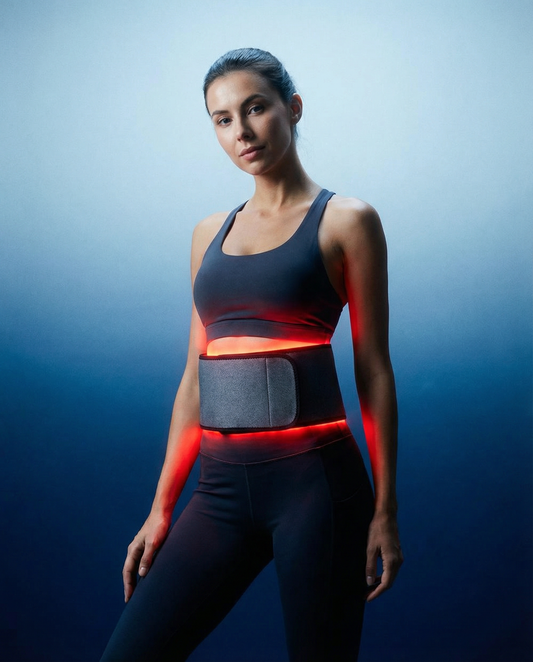 Light therapy belt with glowing red LED panel on a gray fabric strap