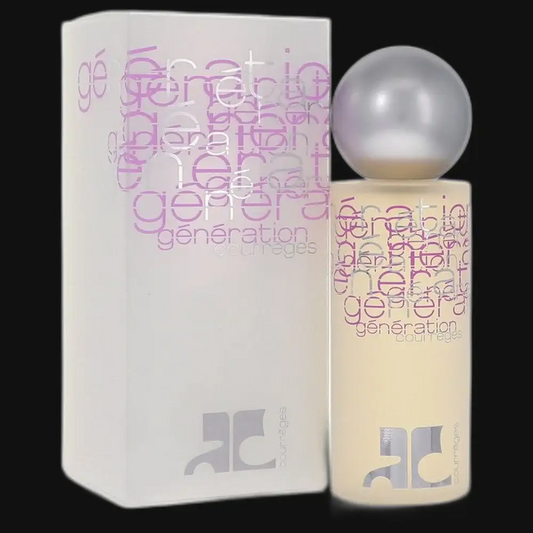 Women's perfume bottle with silver dome cap and matching box, purple 'generation' print