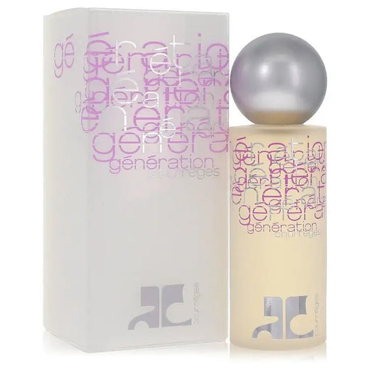 Women's perfume bottle with silver dome cap and matching box, multicolor 'generation' logo