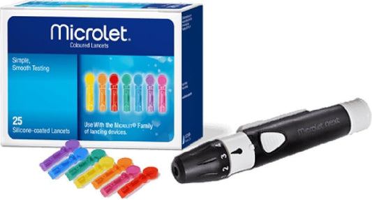 Adjustable lancing device with 25 lancets and colorful silicone-tipped lancets